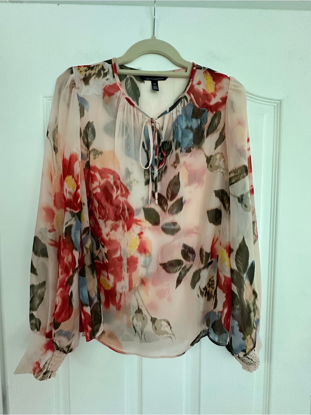 White House Black Market Brand New Sheer Floral Tie-Neck Blouse - Red Pink Cream